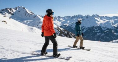 женщина и мужчина со сноубордами в горах