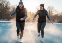 женщина и мужчина занимаются спортом зимой