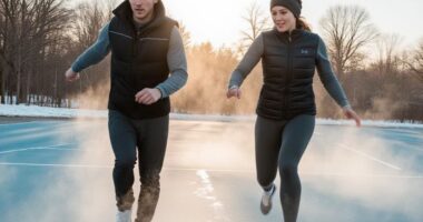 женщина и мужчина занимаются спортом зимой