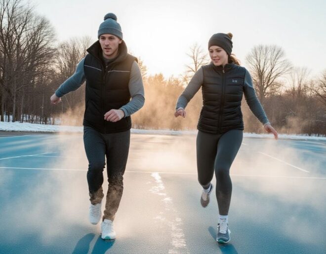 женщина и мужчина занимаются спортом зимой