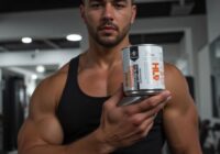 банка с протеином в руке мускулистого мужчины