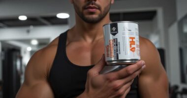 банка с протеином в руке мускулистого мужчины