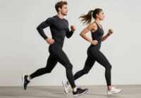 Мужчина и женщина в компрессионной одежде бегают