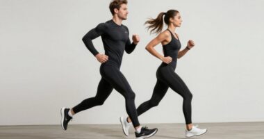 Мужчина и женщина в компрессионной одежде бегают