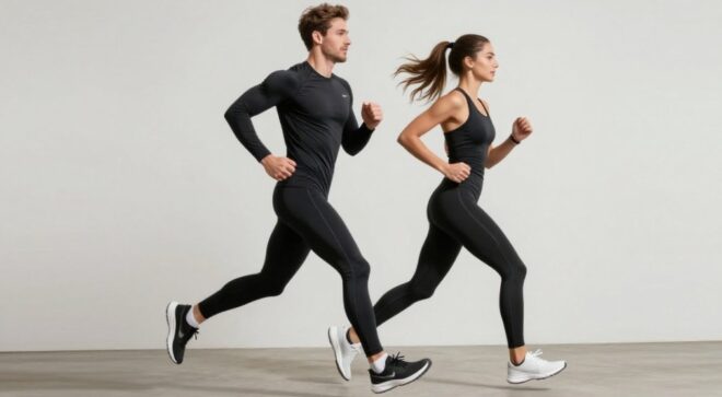 Мужчина и женщина в компрессионной одежде бегают