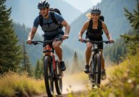 мужчина и женщина с ркзаками едут на горных велосипедах