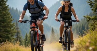 мужчина и женщина с ркзаками едут на горных велосипедах