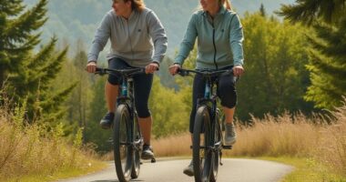 мужчина и женщина в ветровках едут на велосипедах