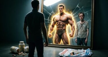 Концептуальное изображение: силуэт мужчины стоит перед огромным зеркалом. В отражении он видит себя супергероем с преувеличенными мышцами и светящейся аурой. Но зеркало треснуло, и сквозь трещины реальное отражение показывает обычного уставшего мужчину. У его ног: разбросанные бутылки добавок с выцветшими этикетками, пустые капсулы и шприц на куче рекламных листовок.